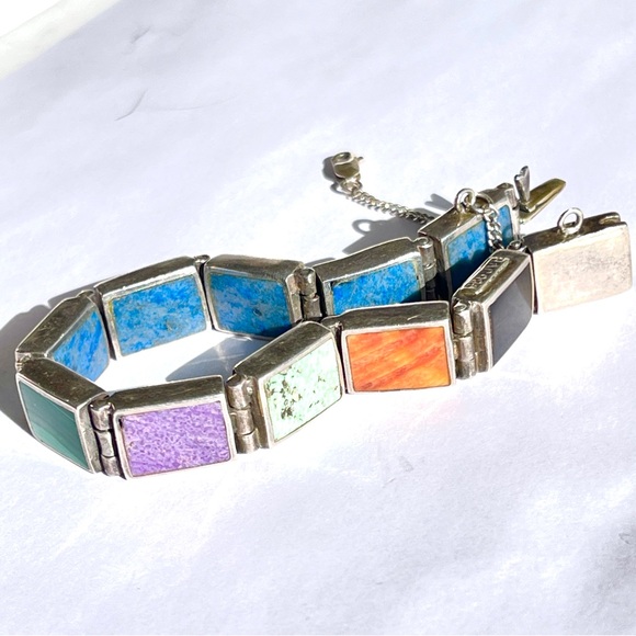 Vintage Taxco Sterling Silver Multiple Gemstone Rect. Panel Bracelet Reversible - Picture 3 of 17